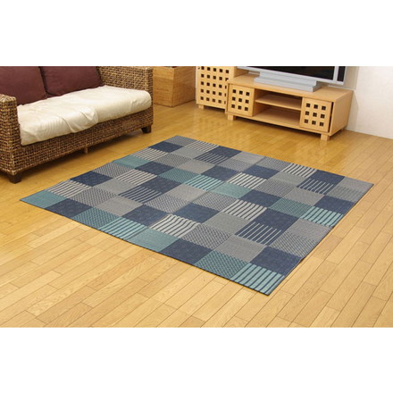 純国産 い草花ござカーペット 『京刺子』 ブルー 本間8畳（約382×382cm）
