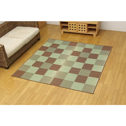 純国産 い草花ござカーペット 『ブロック』 ブラウン 江戸間2畳（約174×174cm）