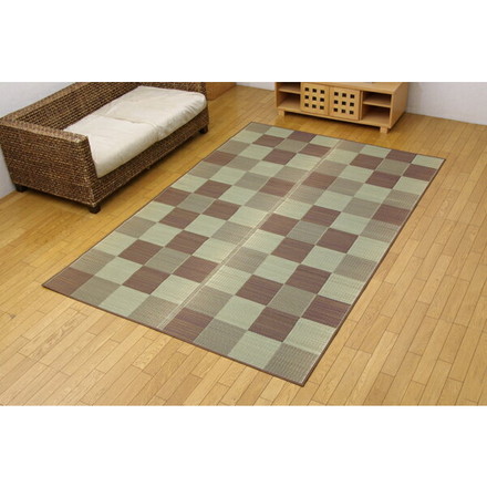 純国産 い草花ござカーペット 『ブロック』 ブラウン 江戸間3畳（約174×261cm）