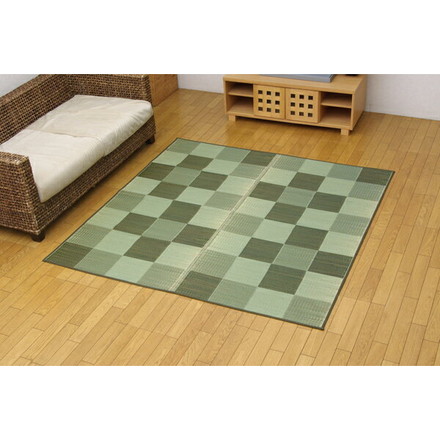純国産 い草花ござカーペット 『ブロック』 グリーン 江戸間2畳（約174×174cm）