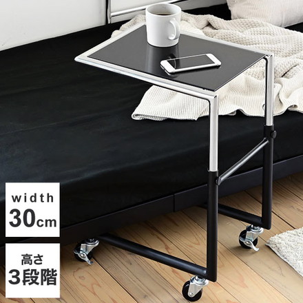 デザインサイドテーブル コの字型 スリム ベッドサイドテーブル キャスター 付き ベッド横テーブル ガラス ブラック ソファ サイドテーブル ベッド脇 高さ