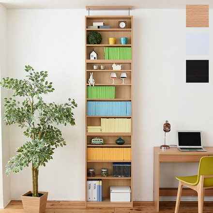 1cmピッチ 薄型 大容量 文庫本ラック 幅60 上置きセット 書棚 壁面収納 つっぱり 木製 本収納 漫画 CD ダークブラウン