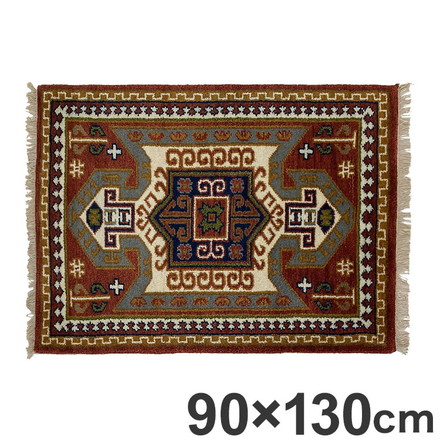 ラグ 90×130cm フラッグ トライバル 部族絨毯風 ウール コットン 天然素材