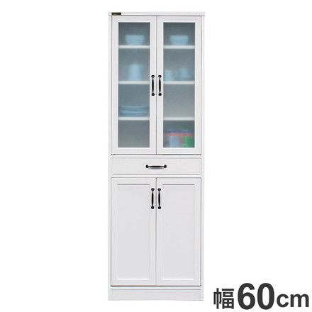 食器棚 幅60cm ホワイト かわいい 引き出し付き ガラス調 扉 飛散防止 シンプル 北欧 ハイタイプ