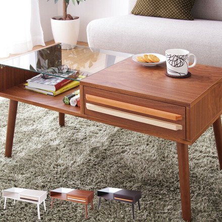 テーブル ウォールナット ガラス 木製 ローテーブル 引き出し 北欧 OSLO 【リビングテーブル オスロ】 ホワイトウォッシュ