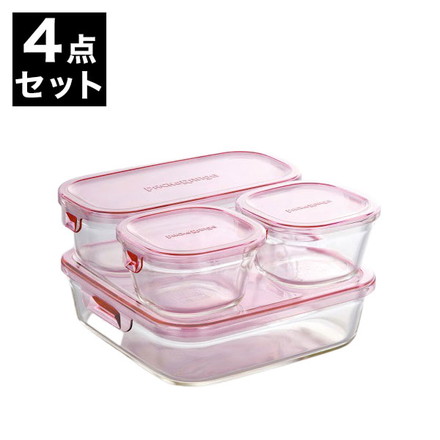 イワキ iwaki 耐熱ガラス 保存容器 グラスコンテナ 4個セット ピンク システムセット ミニ PSC-PRN4P2 電子レンジ対応 食洗機