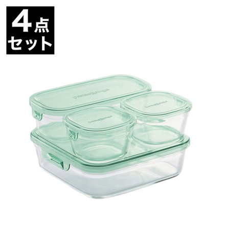 イワキ iwaki 耐熱ガラス 保存容器 グラスコンテナ 4個セット グリーン システムセット ミニ PSC-PRN4G2 電子レンジ対応 食洗機