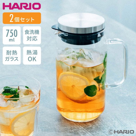 【2個セット】 HARIO ウォータージャグ 750ml 耐熱ガラス 食洗機対応 ピッチャー ピッチャー 麦茶ポット ステンレス フタ 取っ手付き 冷水筒 冷水ポット ドアポケット 扉 熱湯OK 縦ライン