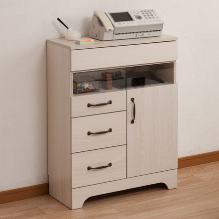 Late ガラス窓付きファックス台&ルーター収納 幅60 ホワイト木目色