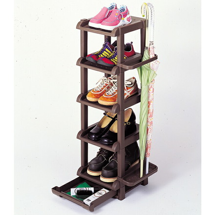 サンコープラスチック シューズラック 5段 ブラウン 引き出し付き 傘 傘立て