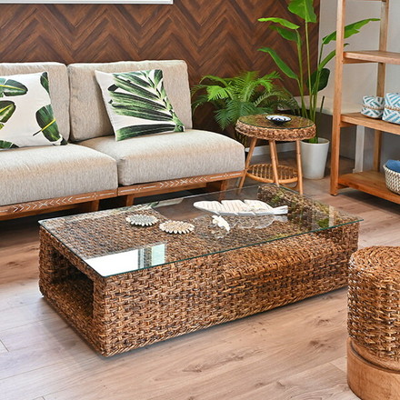 リビングテーブル 120cm幅 センターテーブル ガラステーブル ラタン バナナリーフ アジアン ナチュラル