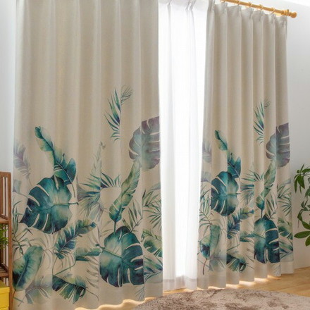 日本製 厚地カーテン 幅100～200 丈90～230 セミオーダー 亜熱帯リーフ柄 トロピカル 形状記憶 遮光 幅100×丈110cm2枚組