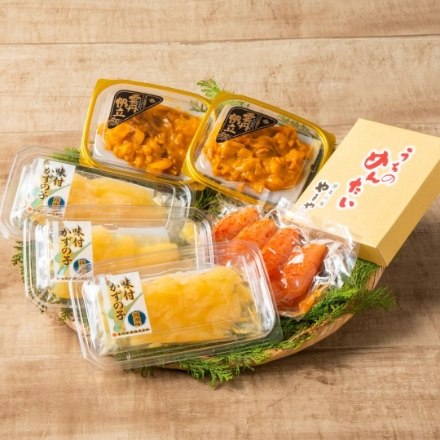 うにほたて醤油入(70g×2)・やまや明太子(150g×1)・数の子詰合せ(60g×3)
