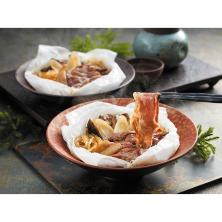 「祇園さゝ木」黒毛和牛すき焼き風包み蒸し 150g（黒毛和牛ばら肉、玉ねぎ、くずきり、しいたけ、ゴボウ、長ネギ、たれ）×4個