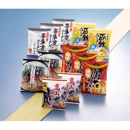 諸国ラーメンセット ［乾麺］仙台（味噌味）・喜多方（醤油味） 各3食、北海道函館（塩味）・岐阜高山（醤油味）・博多（とんこつ味） 各2食/計12食（各麺70g・スープ付）