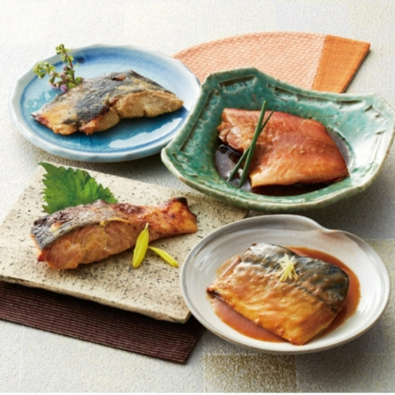 骨抜き便利 煮魚(赤魚煮付・さば味噌煮各1）・焼魚セット（秋鮭西京焼き・縞ほっけ甘味噌焼き各1）