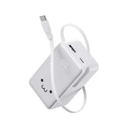 モバイルバッテリー エレコム 巻取り式USB-Cケーブル一体型10000mAh DE-C80L-10000WF 白×黒