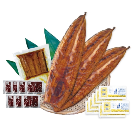 特大 鹿児島県産うなぎ蒲焼セット(永谷園お吸い物付) [うなぎの蒲焼き(250g)×3、うなぎの蒲焼きカット(80g)、タレ×7、永谷園お吸い物(2.3g)×7]