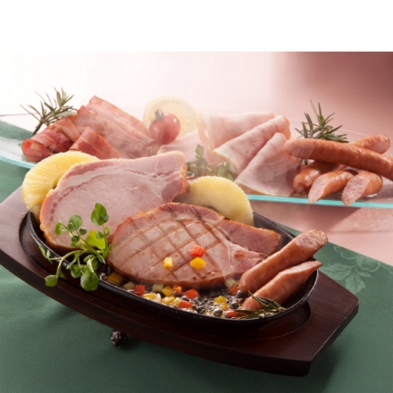 大阪 「夢一喜」 熟成ハム・ウインナー詰合せ（ロースハムステーキ150ｇ、ロースハムスライス79ｇ、ベーコンスライス80ｇ、あらびきウインナー130ｇ、ブラートブルスト120ｇ）