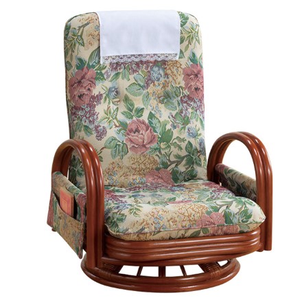 天然籐 リクライニングハイバック 回転座椅子 アームレスト付き サイドポケット付き ロータイプ