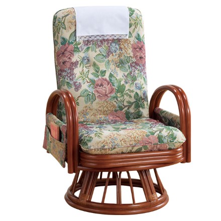 天然籐 リクライニングハイバック 回転座椅子 アームレスト付き サイドポケット付き ミドルタイプ