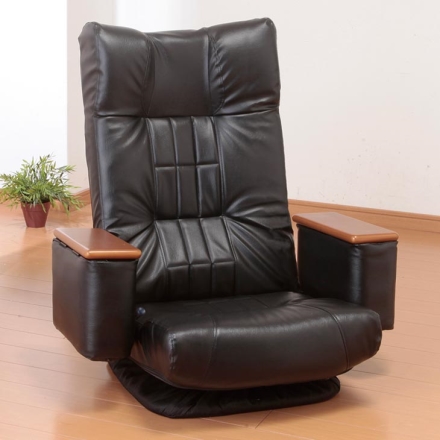 NEW天然木肘付きリクライニング回転座椅子 [ブラック] 座ったままリクライニング