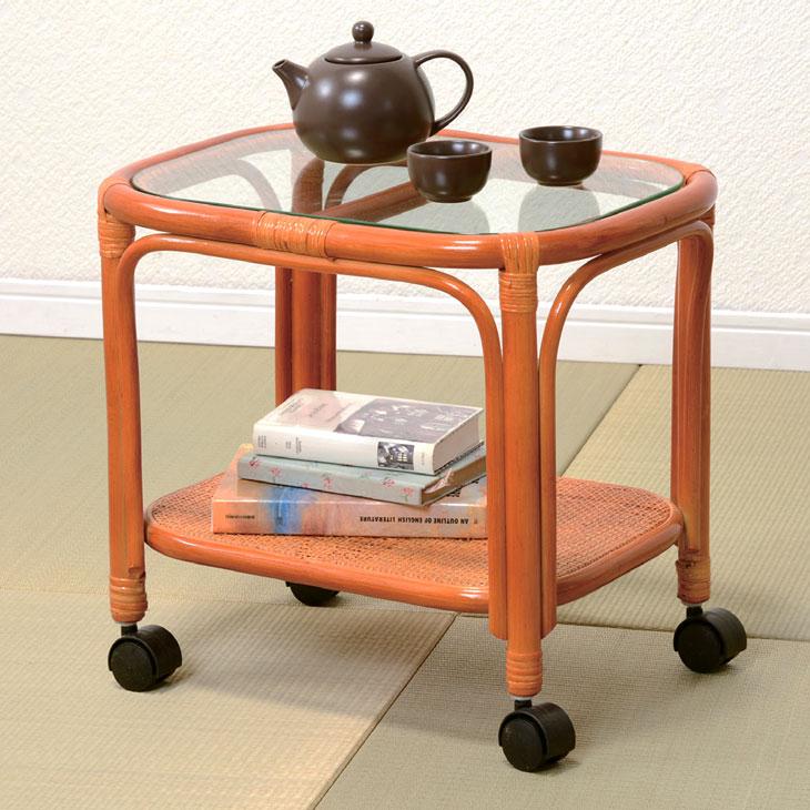 天然籐キャスター付きテーブル