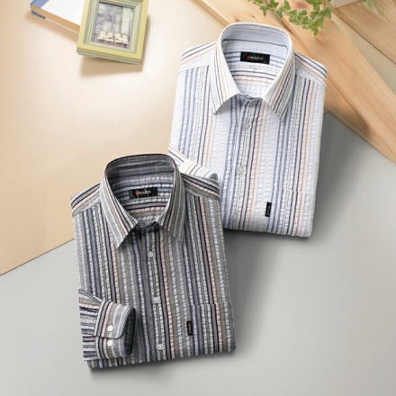 長袖シャツ 2色組 メンズ シャツ トップス さわやかサッカー生地 綿混 ストライプ柄 Mサイズ