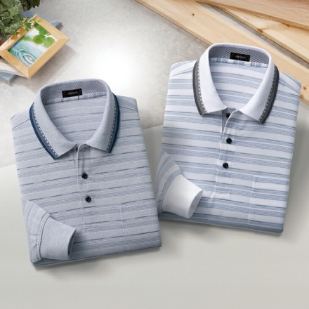 さわやか長袖 ポロシャツ 2色組 メンズ 綿混 ボーダー柄 Mサイズ
