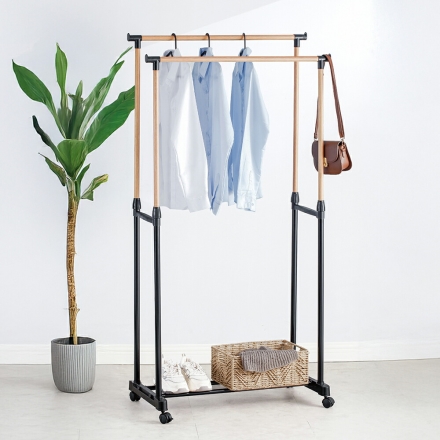 木目調伸縮2段 ハンガーラック