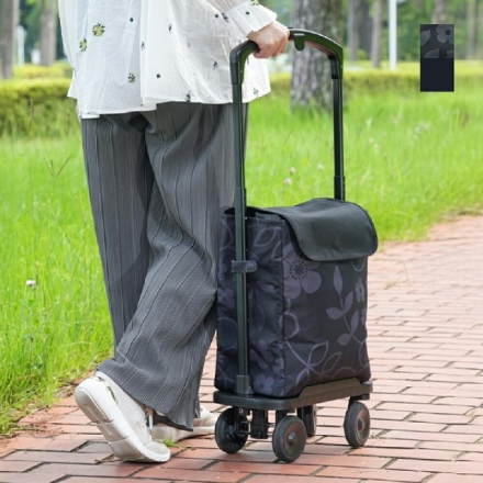 保冷・保温バッグ付横押しサイドカー ショッピングカート 花柄ブラック