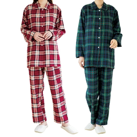 チェック柄 パジャマ レディース 2色組 綿混起毛 ワイン・グリーン M