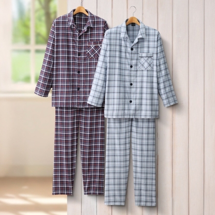 パジャマ 2色組 チェック柄 上下セット メンズ 綿100％ Mサイズ