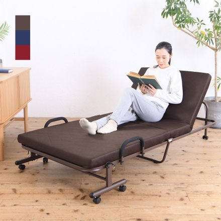 リクライニング折りたたみベッド セミシングル キャスター付き 高反発メッシュ仕様 ブラウン