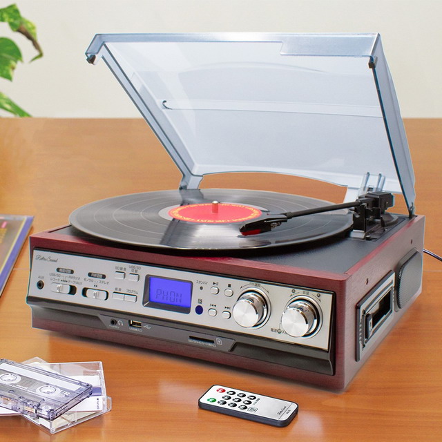 多機能レコードプレーヤー スピーカー付き デジタル録音 ラジオ カセットSDカード USB 録音