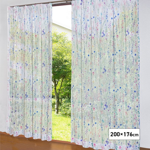フラワーミラーレースカーテン 200× 176cm UVカット 断熱 保温 ミラー カーテン