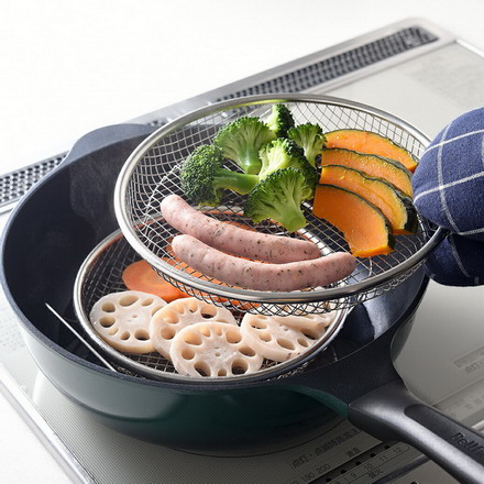 蒸し器3点セット 19cm＆22cmざる＋スタンド 重さ約210g ステンレス製 フライパン蒸し器 2段蒸し 卓上ざる 日本製 時短調理