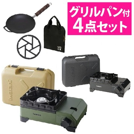 イワタニ カセットコンロ カセットフー タフまるジュニア CB-ODX-JR オリーブ & キャプテンスタッグ ラウンド グリルパン 20cm UG-1580 ＆ キャプテンスタッグ ラウンドグリルバッグ UG-1587 & パール金属 鉄製 ミニ ゴトク HB-5001 セット