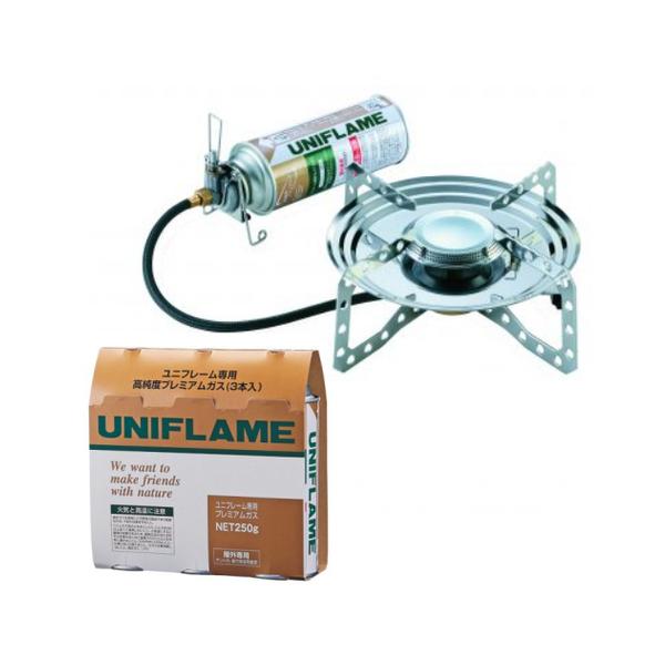 ユニフレーム US-D2 テーブルトップバーナー ＆ プレミアムガス3本入 2点セット (610107＆650042)