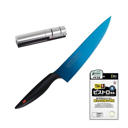 スミカマ 霞 KASUMI チタンコーティング 20cm 剣型包丁 ブルー 22020 ＆ ダイヤモンドシャープナー 33001 ＆ サンベルム ビストロ先生 ふきん K58000