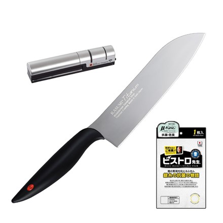 スミカマ 霞 KASUMI チタンコーティング 18cm 三徳包丁 グレー 22018 ＆ ダイヤモンドシャープナー 33001 ＆ サンベルム ビストロ先生 ふきん K58000