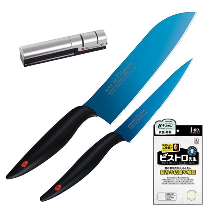 スミカマ 霞 KASUMI チタンコーティング 18cm 三徳包丁 ブルー ＆ 12cm ペティナイフ ダイヤモンドシャープナー 33001 ＆ サンベルム ビストロ先生 ふきん K58000