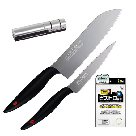 スミカマ 霞 KASUMI チタンコーティング 18cm 三徳包丁 グレー ＆ 12cm ペティナイフ ダイヤモンドシャープナー 33001 ＆ サンベルム ビストロ先生 ふきん K58000