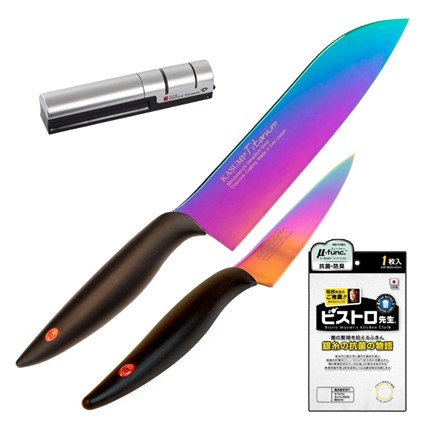 スミカマ 霞 KASUMI チタンコーティング 18cm 三徳包丁 オパール ＆ 12cm ペティナイフ ダイヤモンドシャープナー 33001 ＆ サンベルム ビストロ先生 ふきん K58000
