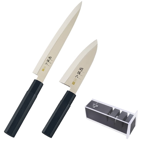 <左利き用和包丁セット> 貝印 関孫六 金寿ステン 出刃＆刺身 シャープナー ふきん付き AK-1122 AK-1123 AP-0162