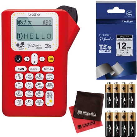 ブラザー ピータッチ PT-J100MCR ミッキーレッド ＆ 白テープ[TZe-231] ＆ 電池 ＆ クロス