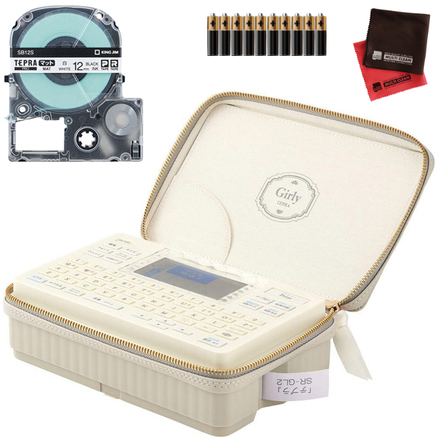 キングジム ガーリーテプラ クリーム SR-GL2 ＆ マットラベル 白テープ 12mm SB12S ＆ 単3電池10本 ＆ クロス (4点セット)