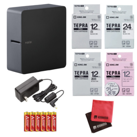 キングジム SR-MK1 ブラック テプラPRO MARK テープ（3種＆ピンク） [ST12K/SS12K/SS24K/SW12PH]・ACアダプター AC1116J・単三電池6本・クロスセット