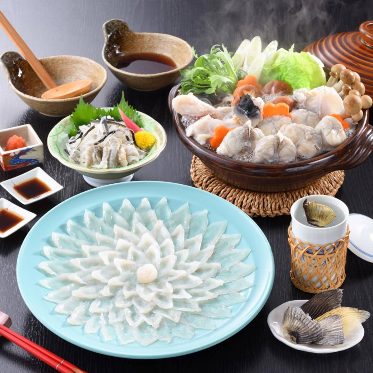 とらふく料理フルコース 3～4 人前セット 〔とらふく刺身100g、とらふく皮湯引き80g ほか全4種 薬味〕 フグ刺し 日高本店