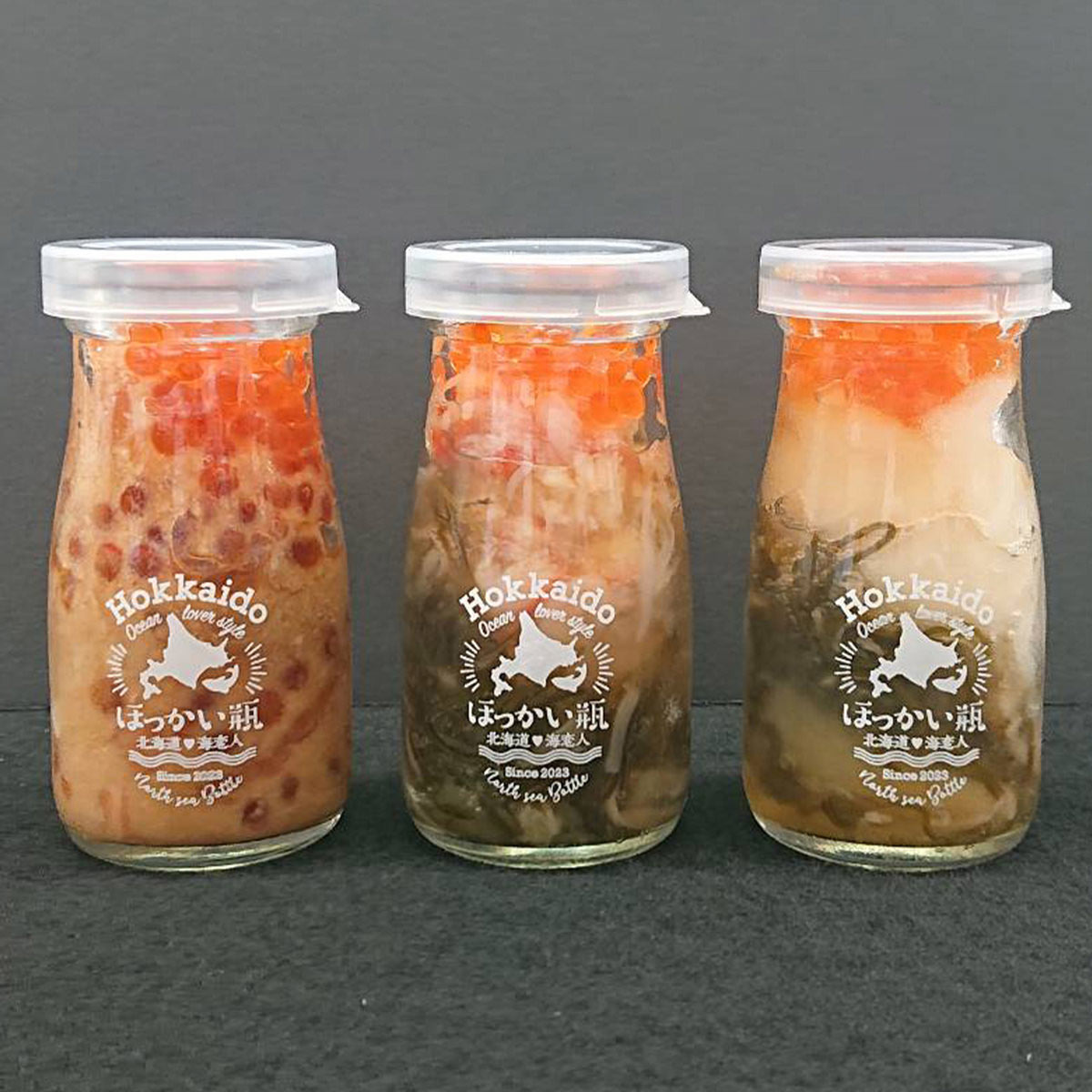 北海道 海恋人ほっかい瓶 石狩漬け入 〔ほたて・たらば蟹・石狩漬け各90g〕 魚介類